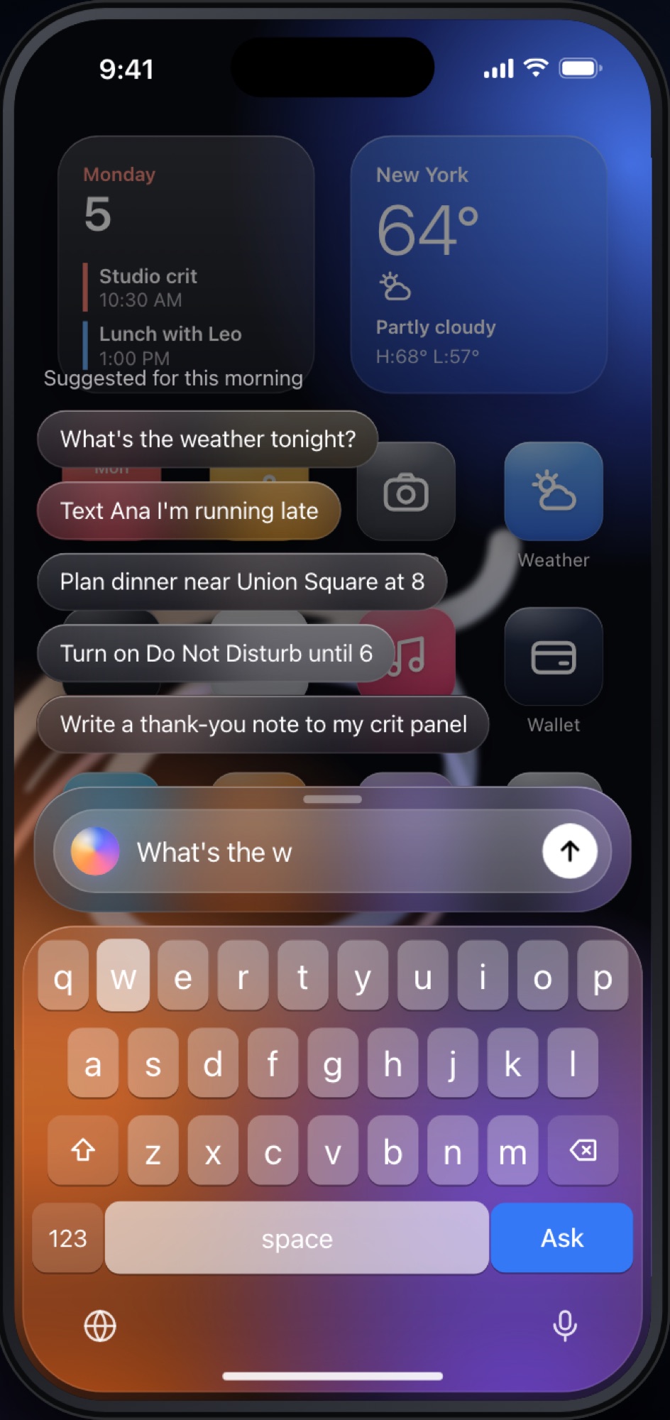 The AI Native iOS prototype: an ask bar in the dock above the keyboard, with suggested questions on the home screen