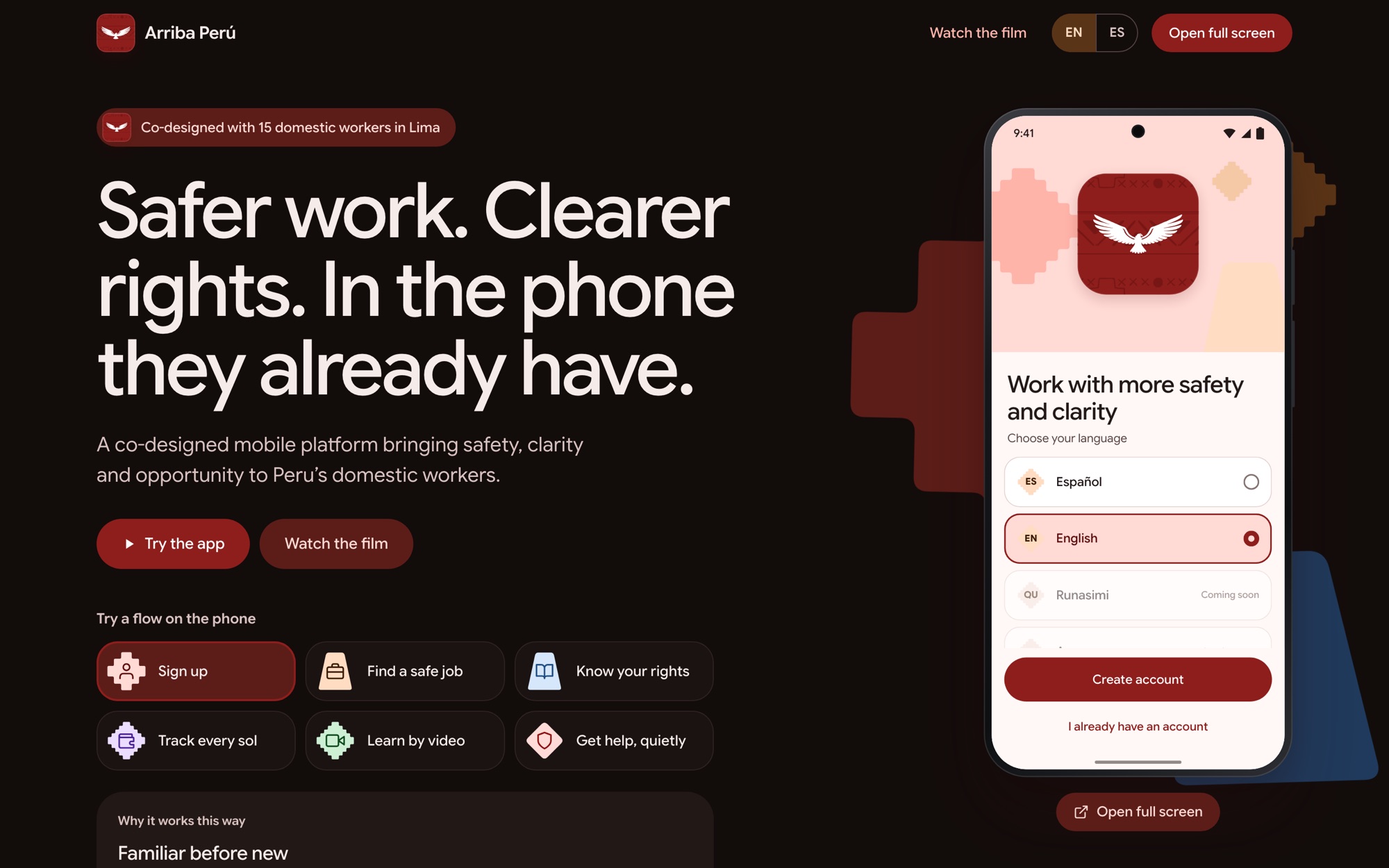 Arriba Perú product page with the live app in a phone