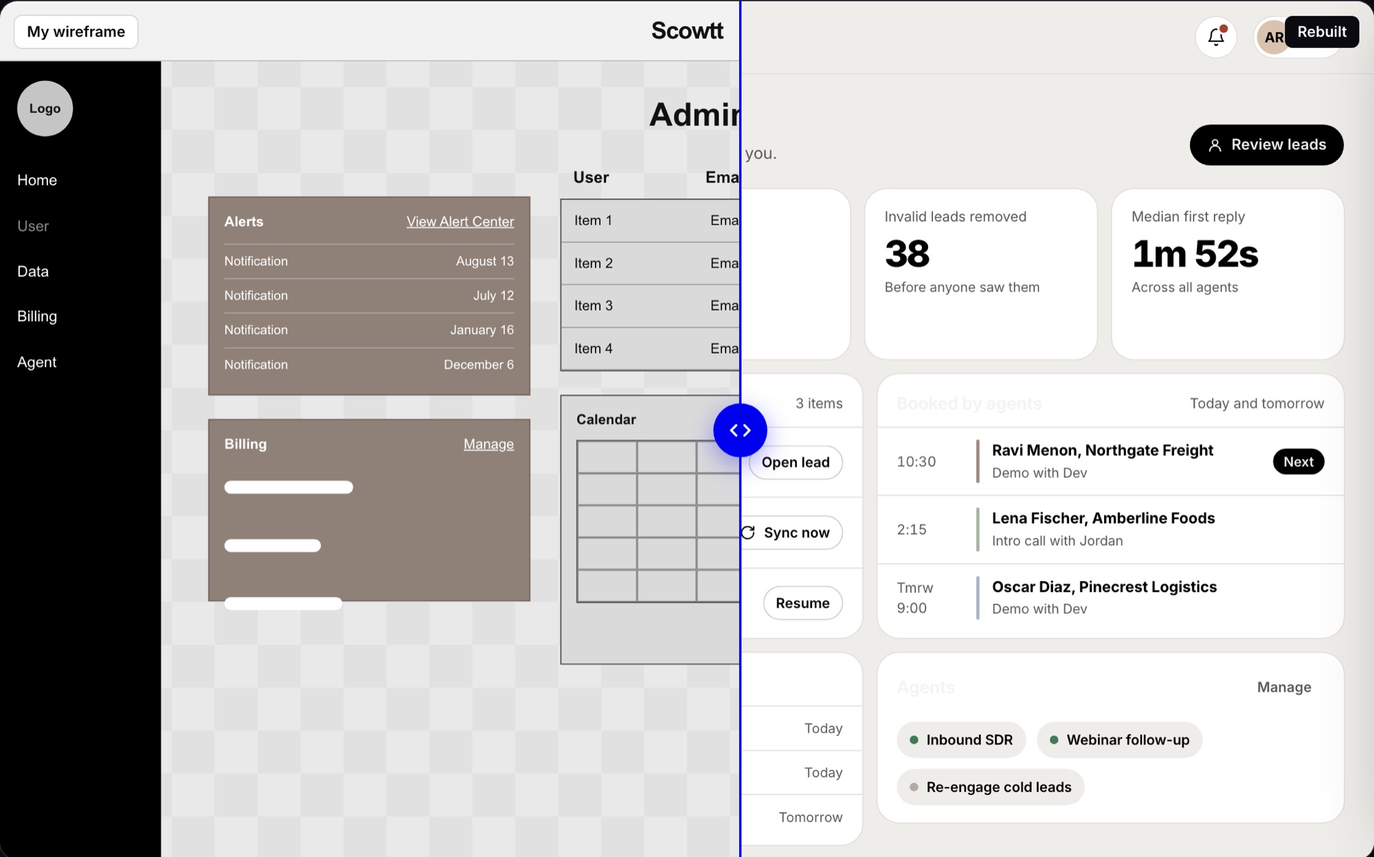 Scowtt: my original wireframe beside the rebuilt app console