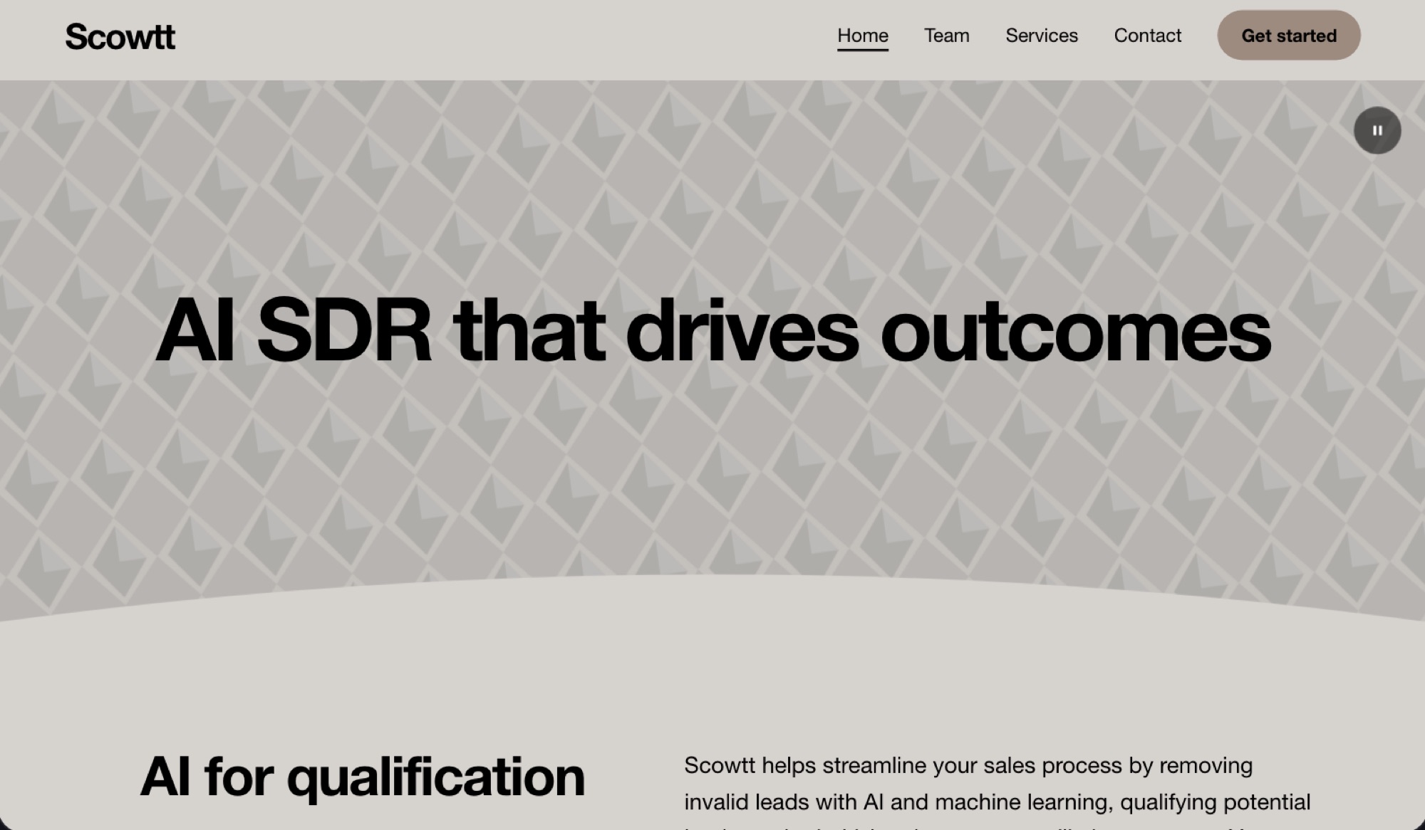 The original Scowtt homepage, rebuilt from my screens: AI SDR that drives outcomes
